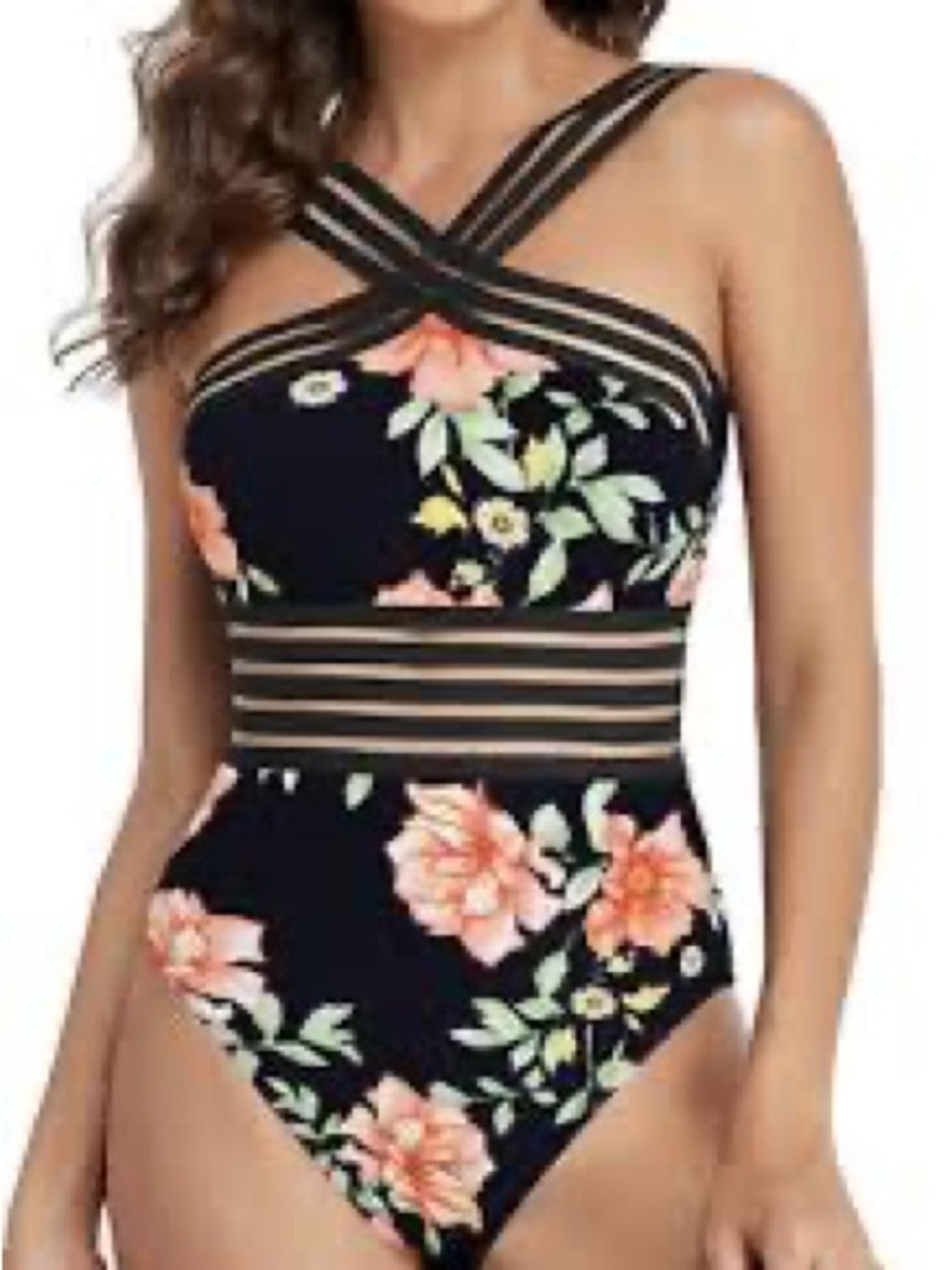 Amazon Black One-Piece Swimsuit with Peach Floral Print